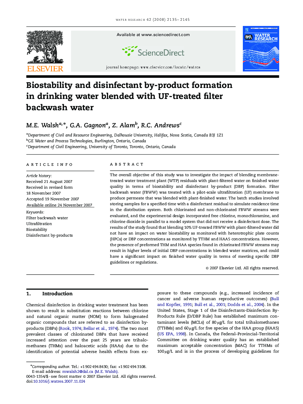 Biostability and disinfectant by-product formation in drinking water blended with UF-treated filter backwash water