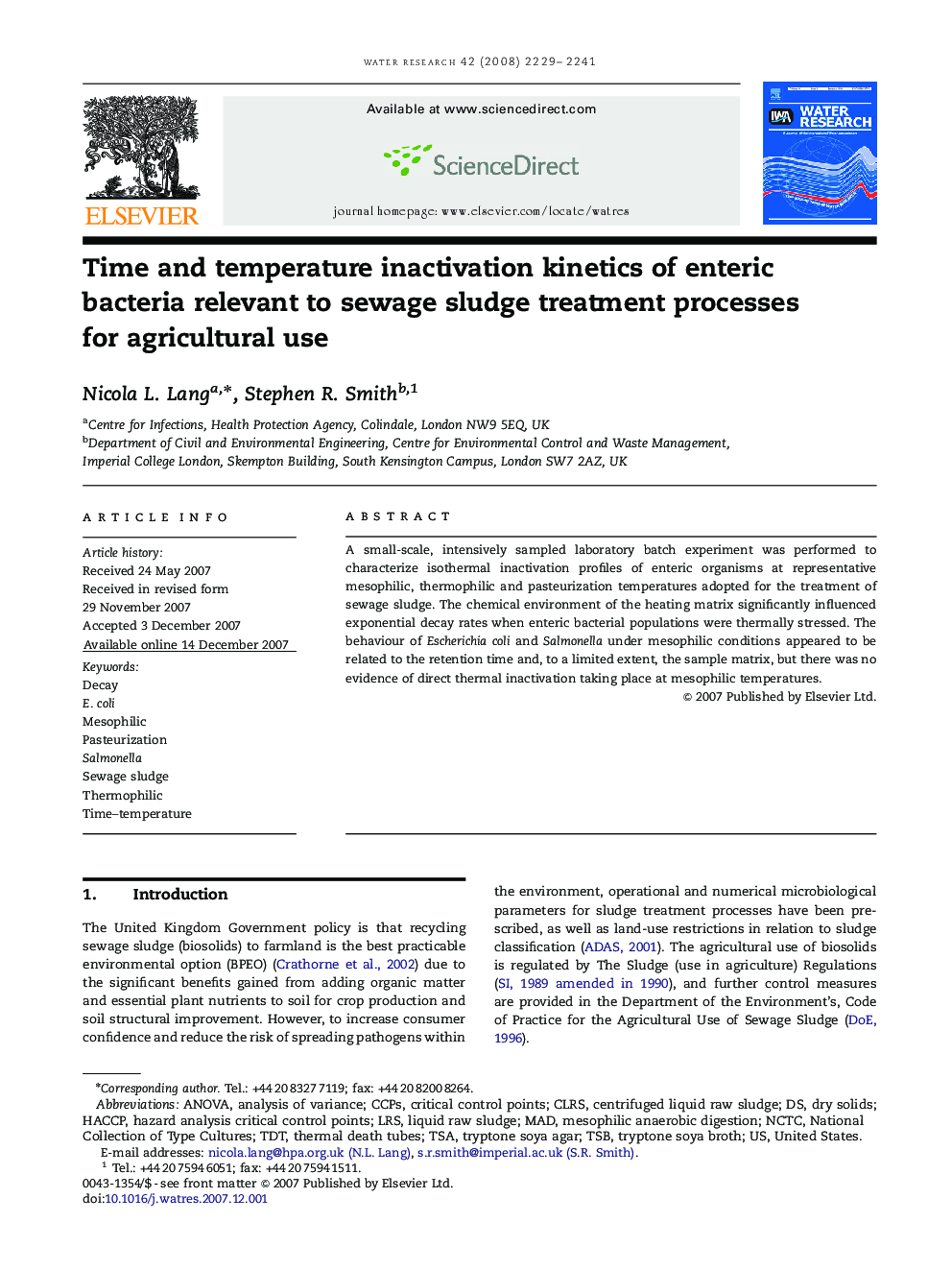 Time and temperature inactivation kinetics of enteric bacteria relevant to sewage sludge treatment processes for agricultural use