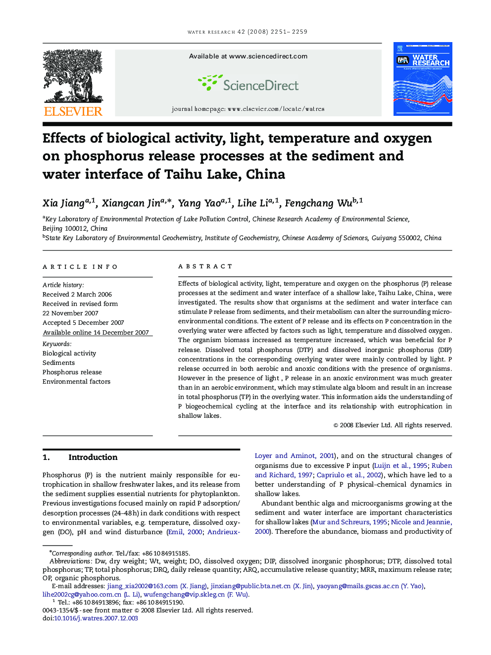 Effects of biological activity, light, temperature and oxygen on phosphorus release processes at the sediment and water interface of Taihu Lake, China