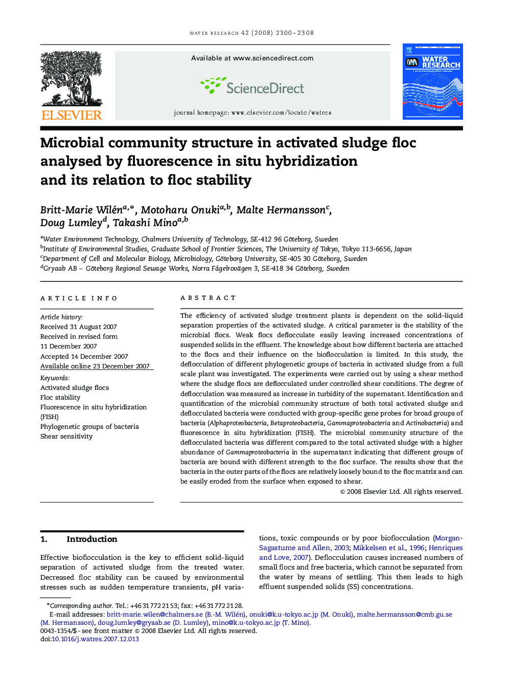 Microbial community structure in activated sludge floc analysed by fluorescence in situ hybridization and its relation to floc stability