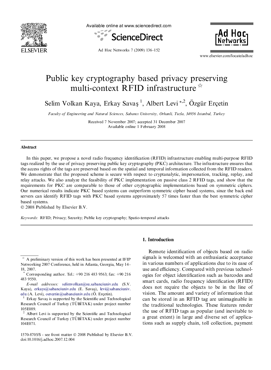 Public key cryptography based privacy preserving multi-context RFID infrastructure 