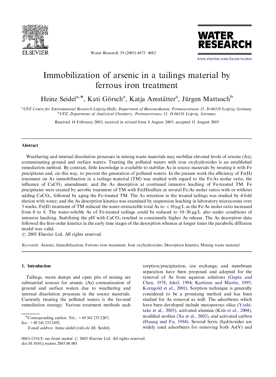 Immobilization of arsenic in a tailings material by ferrous iron treatment