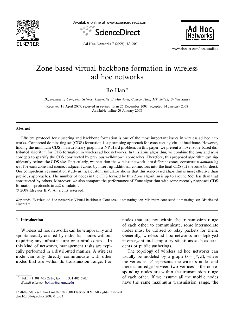 Zone-based virtual backbone formation in wireless ad hoc networks