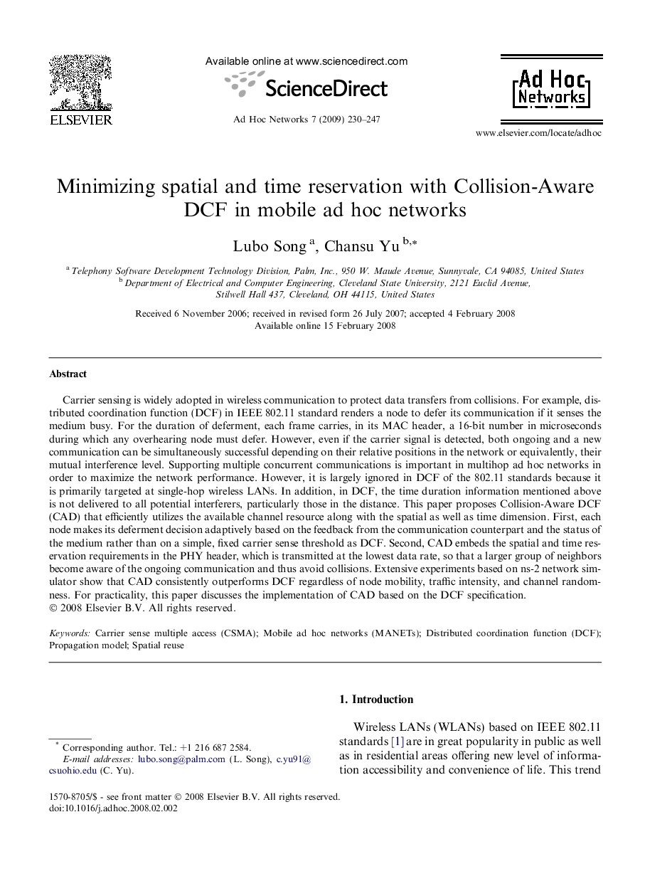 Minimizing spatial and time reservation with Collision-Aware DCF in mobile ad hoc networks