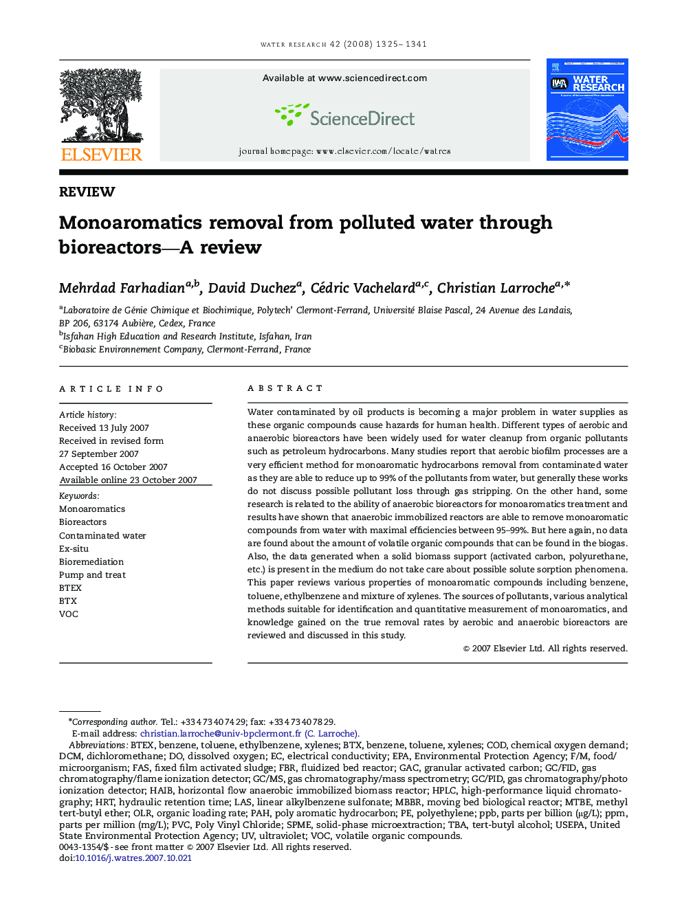 Monoaromatics removal from polluted water through bioreactors—A review