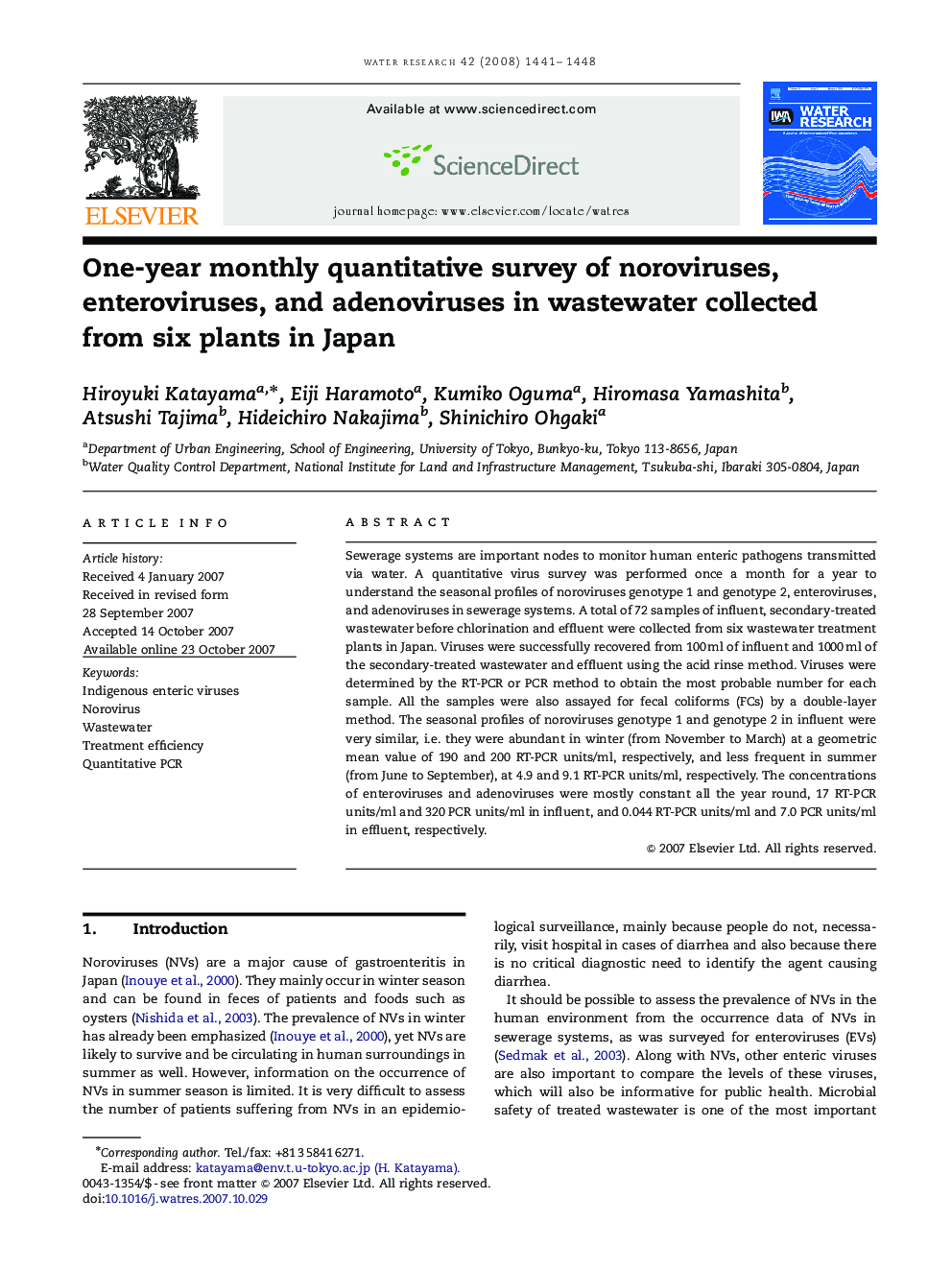 One-year monthly quantitative survey of noroviruses, enteroviruses, and adenoviruses in wastewater collected from six plants in Japan