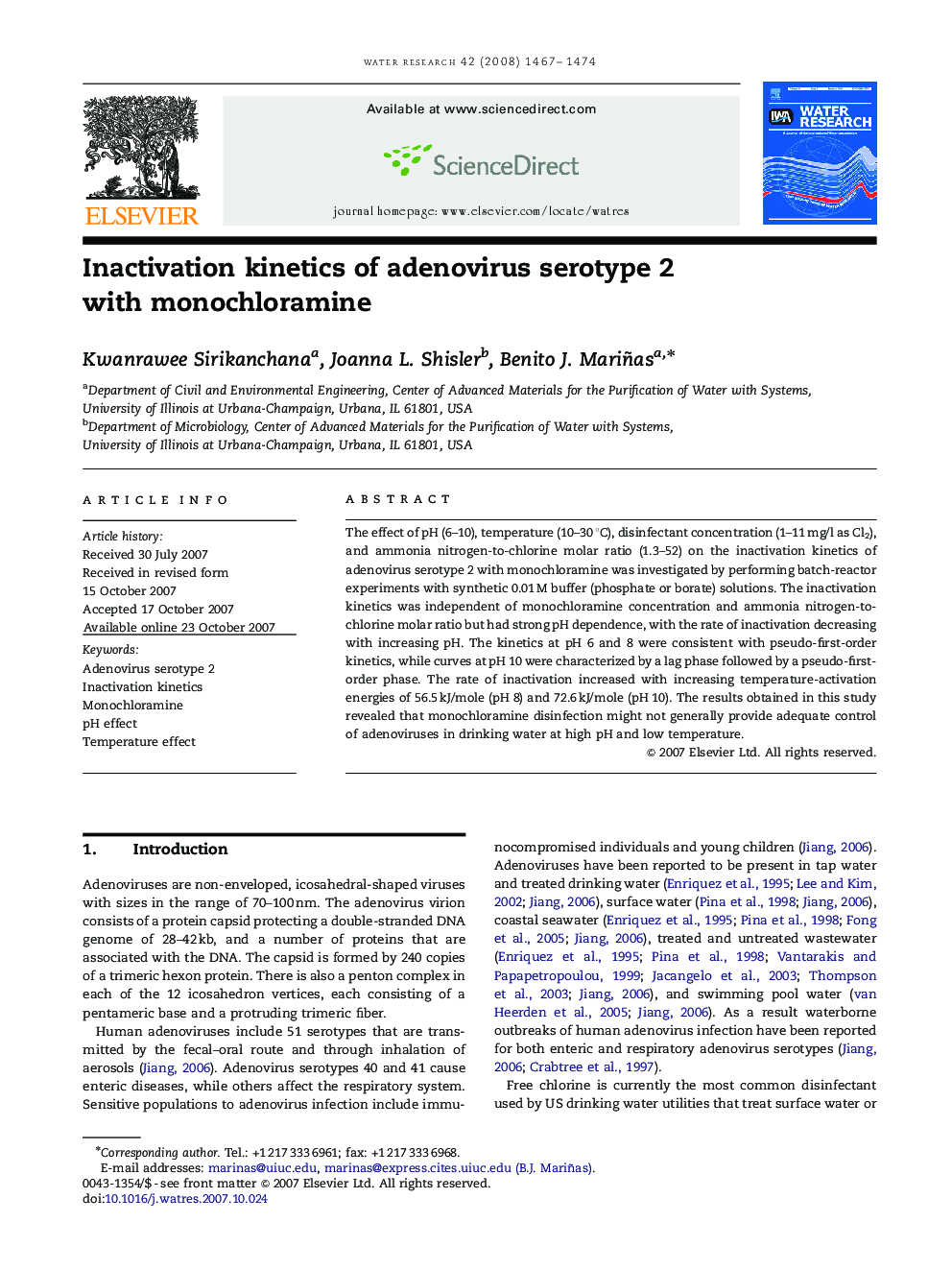 Inactivation kinetics of adenovirus serotype 2 with monochloramine