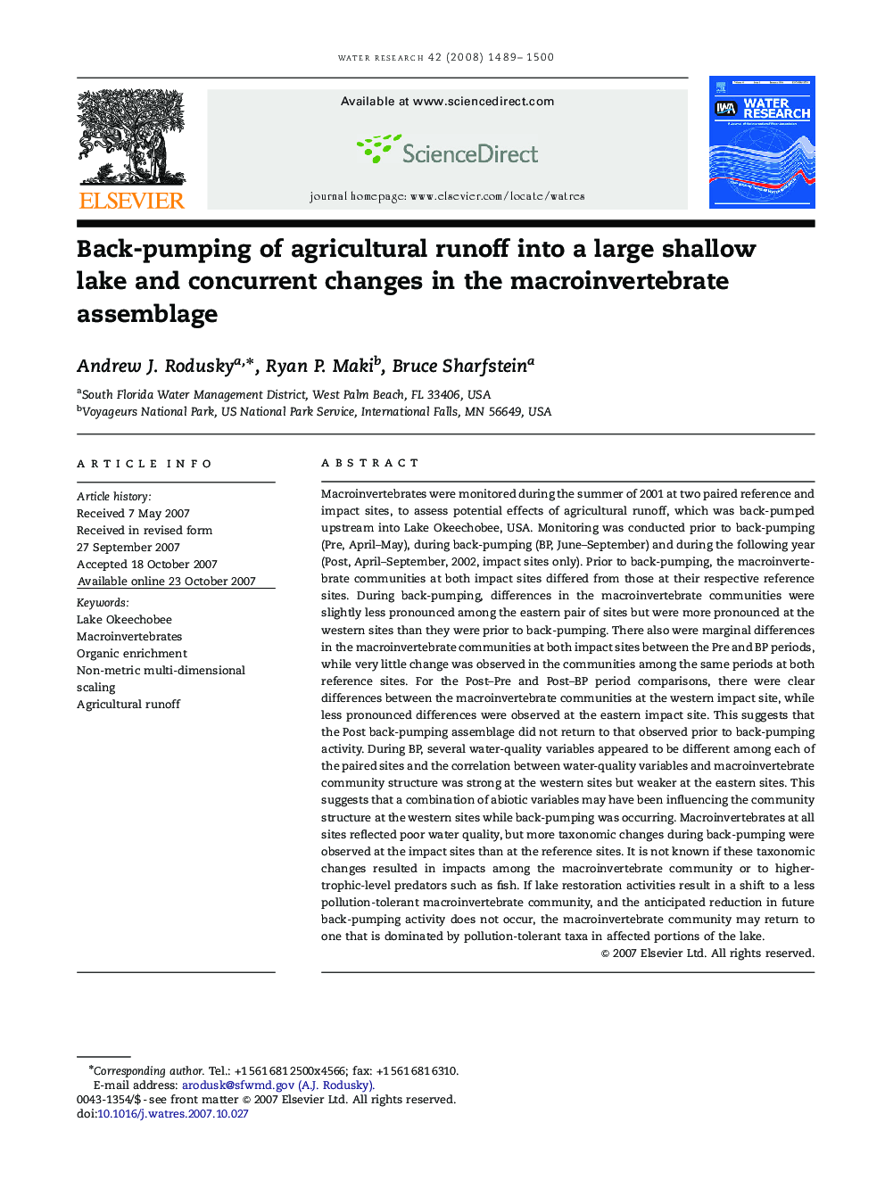 Back-pumping of agricultural runoff into a large shallow lake and concurrent changes in the macroinvertebrate assemblage