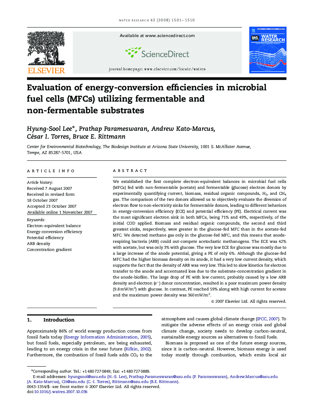 Evaluation of energy-conversion efficiencies in microbial fuel cells (MFCs) utilizing fermentable and non-fermentable substrates