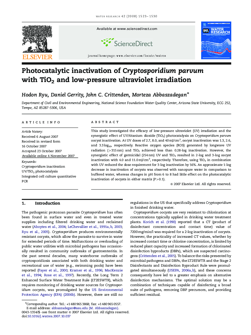 Photocatalytic inactivation of Cryptosporidium parvum with TiO2 and low-pressure ultraviolet irradiation