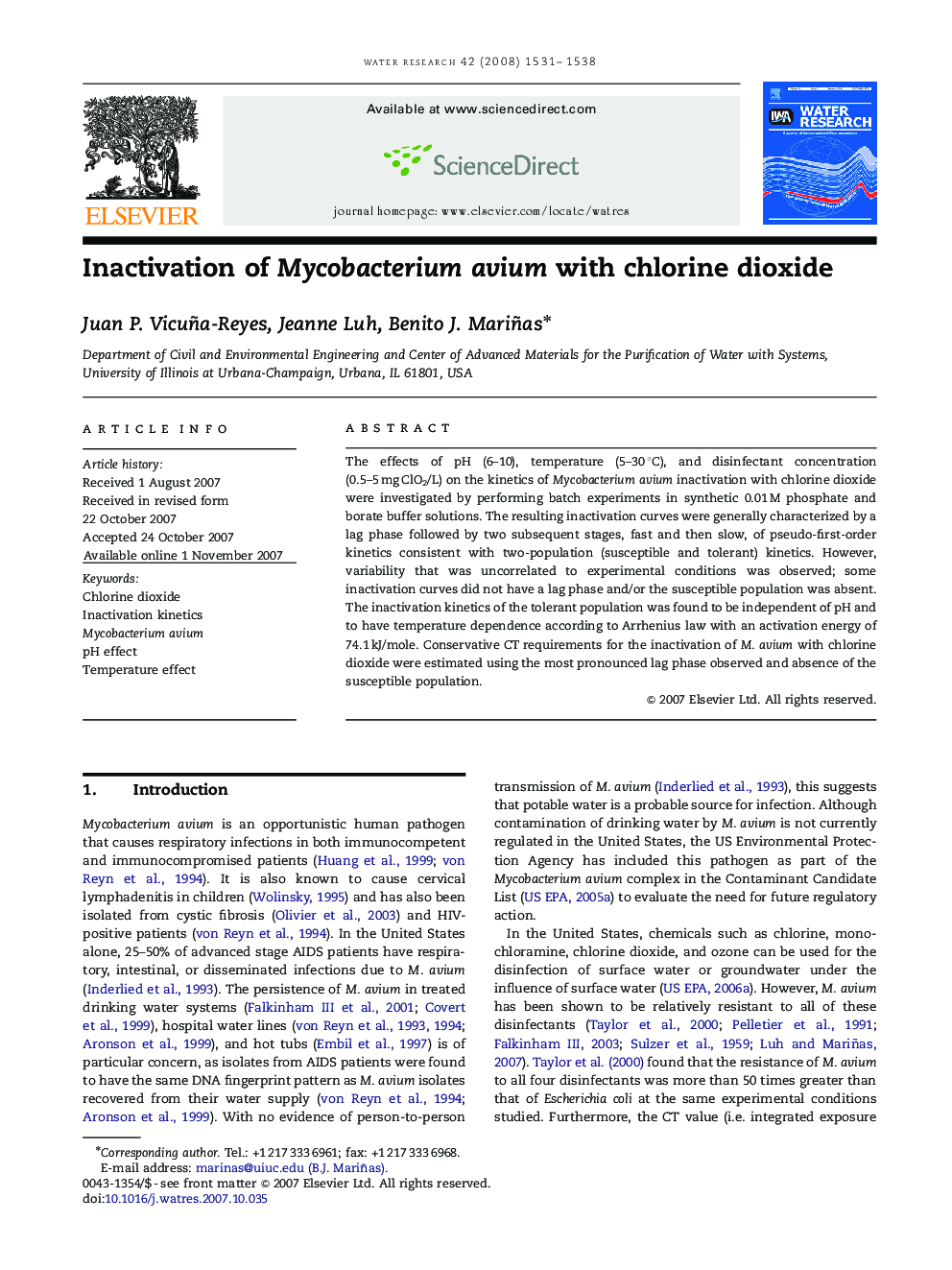 Inactivation of Mycobacterium avium with chlorine dioxide