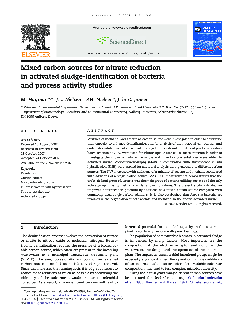 عکس صفحه اول مقاله: Mixed carbon sources for nitrate reduction in activated sludge-identification of bacteria and process activity studies Mixed carbon sources for nitrate reduction in activated sludge-identification of bacteria and process activity studies