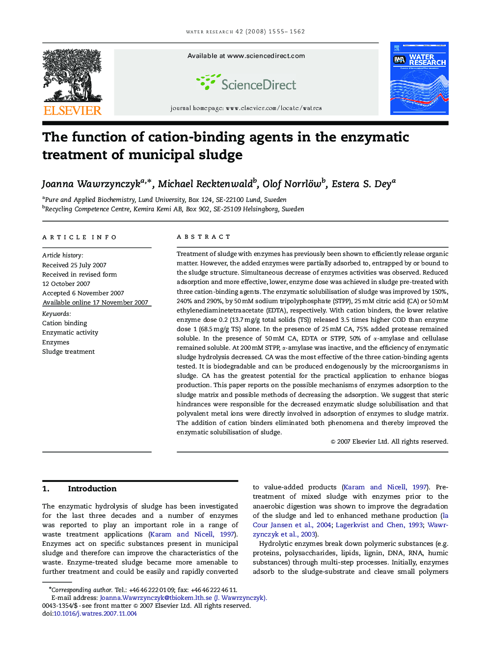 The function of cation-binding agents in the enzymatic treatment of municipal sludge