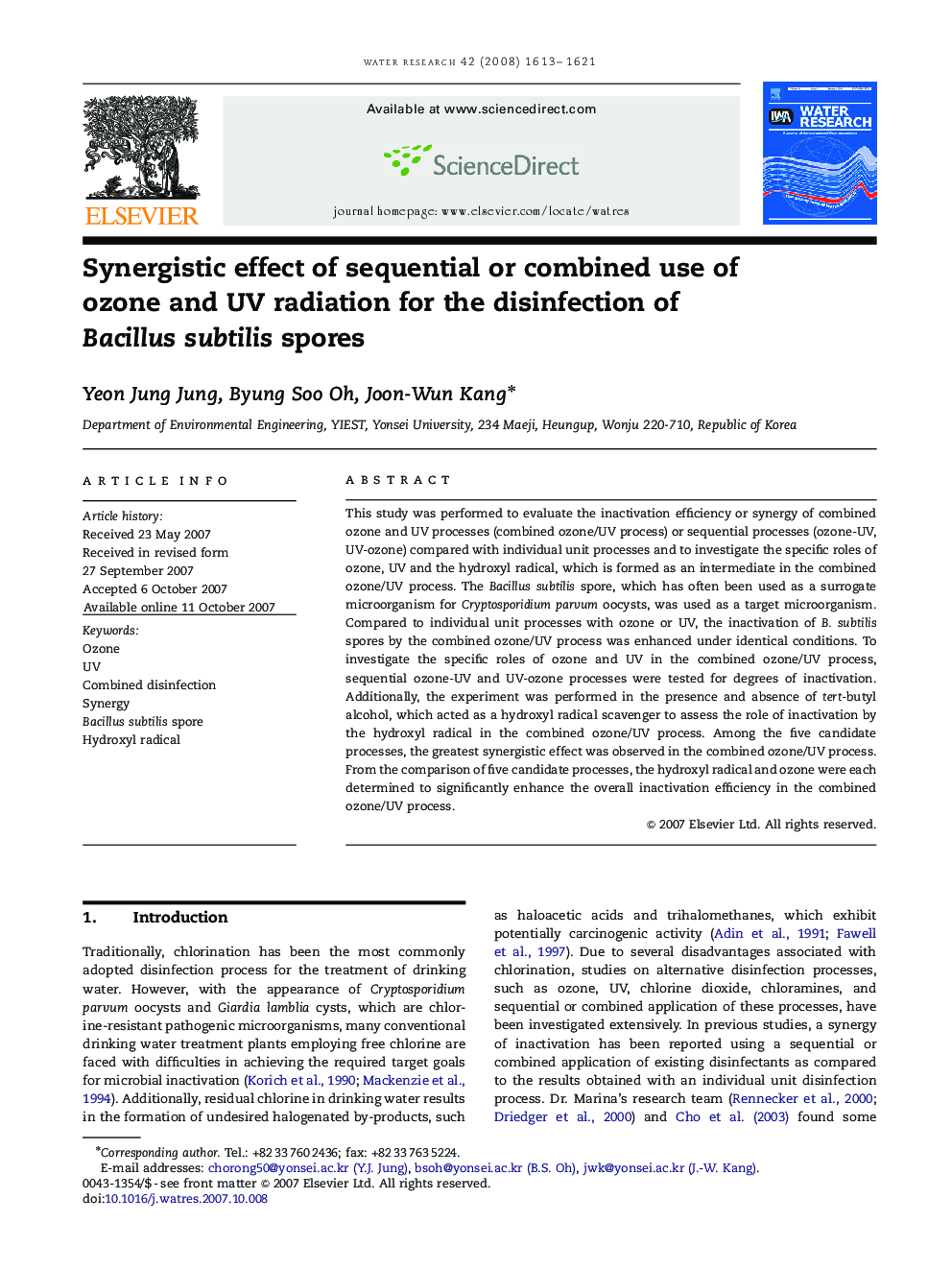 Synergistic effect of sequential or combined use of ozone and UV radiation for the disinfection of Bacillus subtilis spores