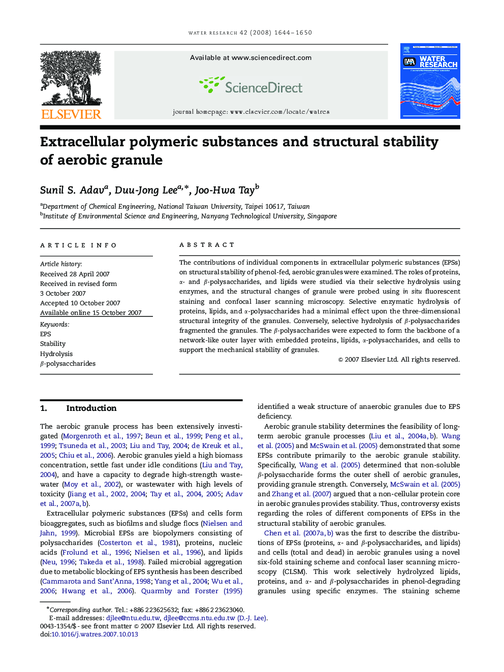 Extracellular polymeric substances and structural stability of aerobic granule