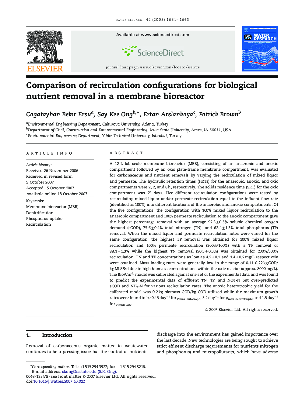 Comparison of recirculation configurations for biological nutrient removal in a membrane bioreactor