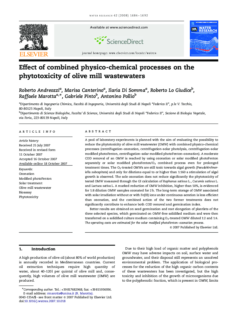 Effect of combined physico-chemical processes on the phytotoxicity of olive mill wastewaters