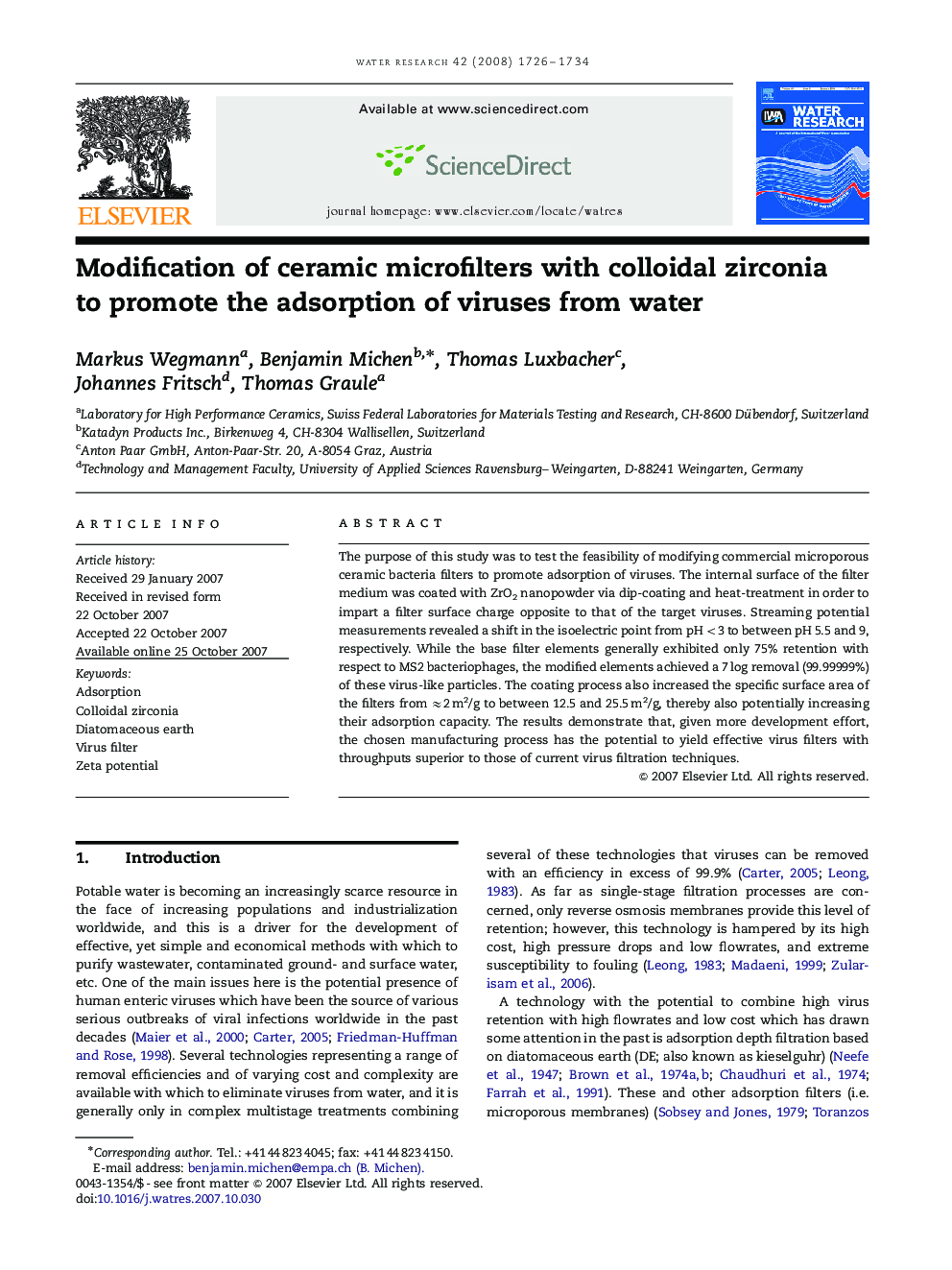 Modification of ceramic microfilters with colloidal zirconia to promote the adsorption of viruses from water