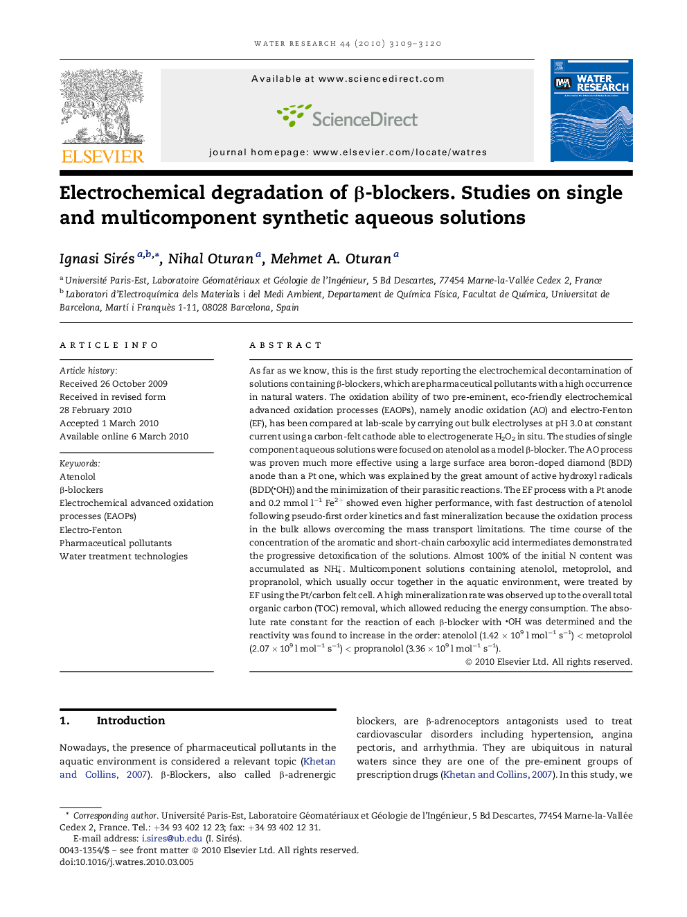 Electrochemical degradation of β-blockers. Studies on single and multicomponent synthetic aqueous solutions