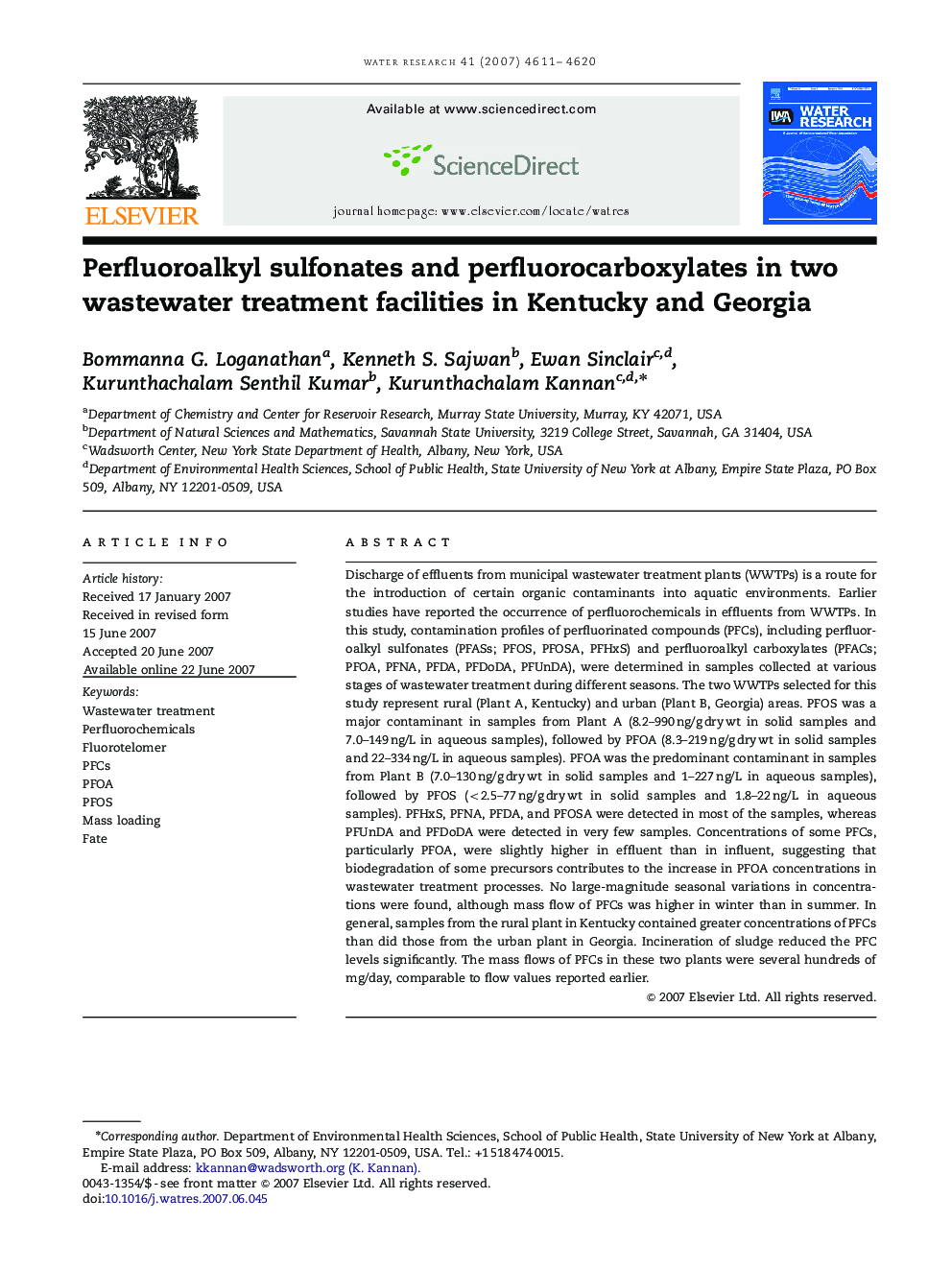 Perfluoroalkyl sulfonates and perfluorocarboxylates in two wastewater treatment facilities in Kentucky and Georgia