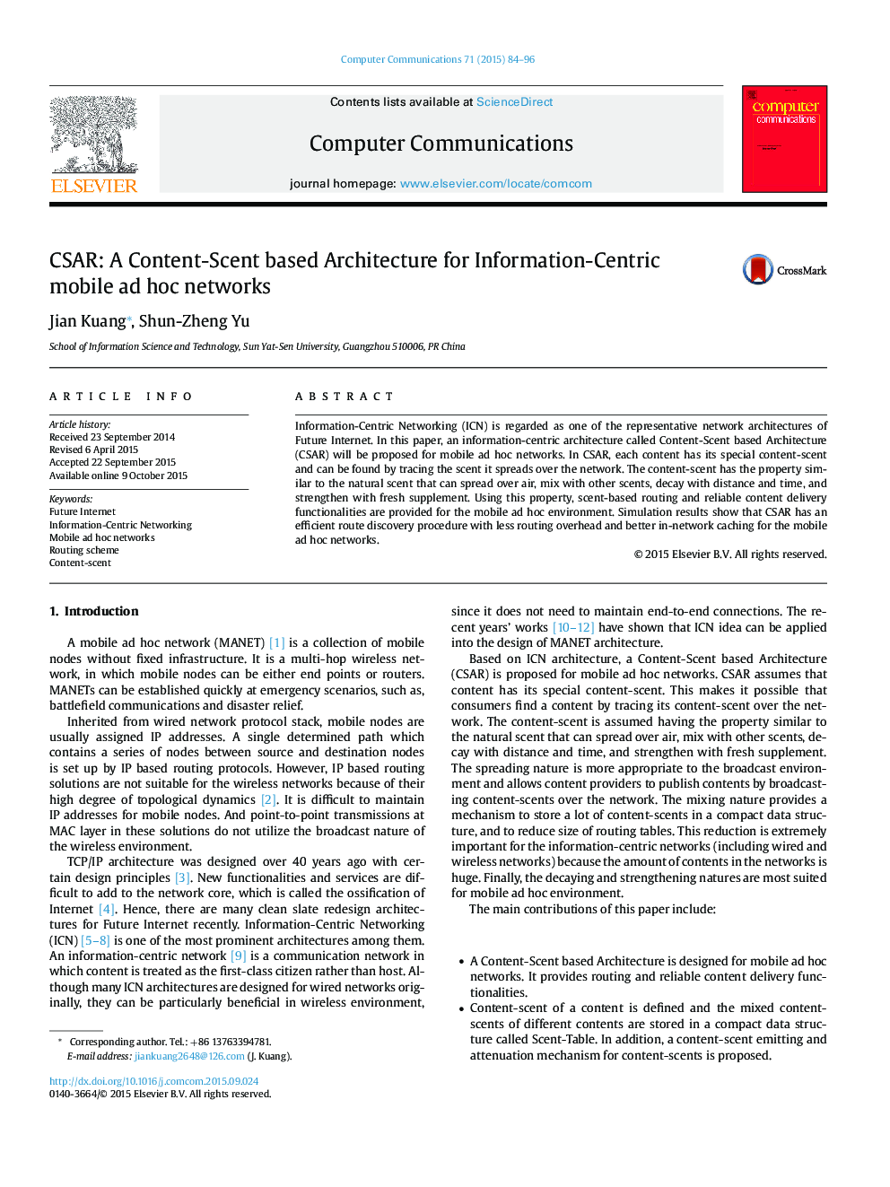 CSAR: A Content-Scent based Architecture for Information-Centric mobile ad hoc networks