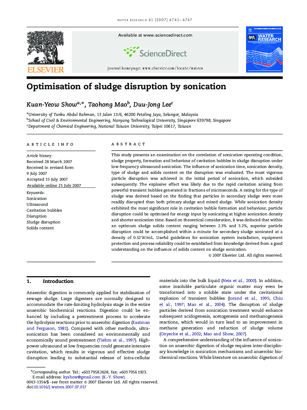 Optimisation of sludge disruption by sonication