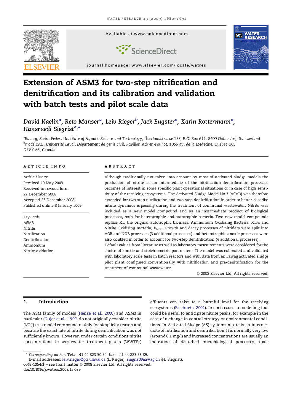 Extension of ASM3 for two-step nitrification and denitrification and its calibration and validation with batch tests and pilot scale data