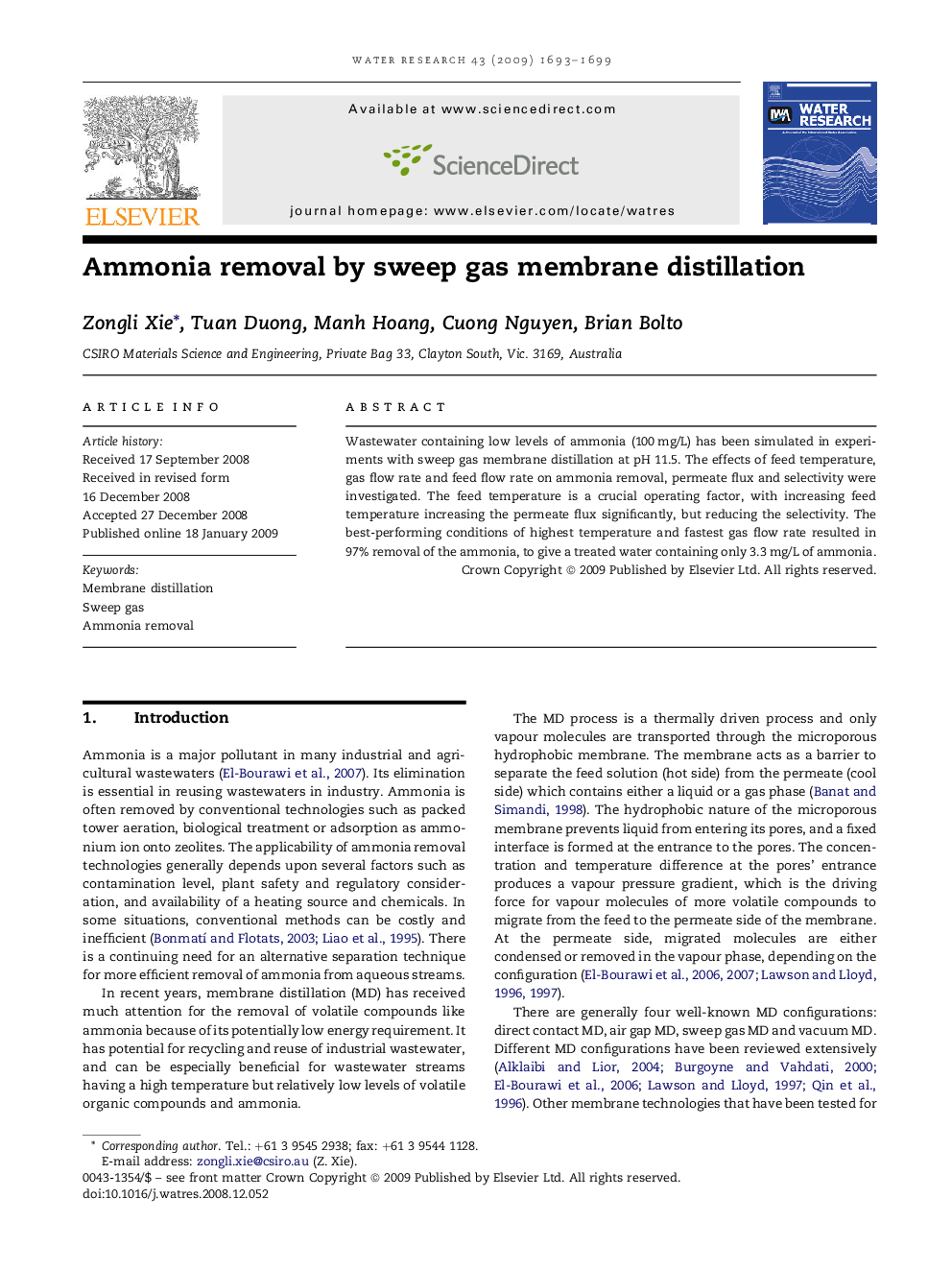 Ammonia removal by sweep gas membrane distillation