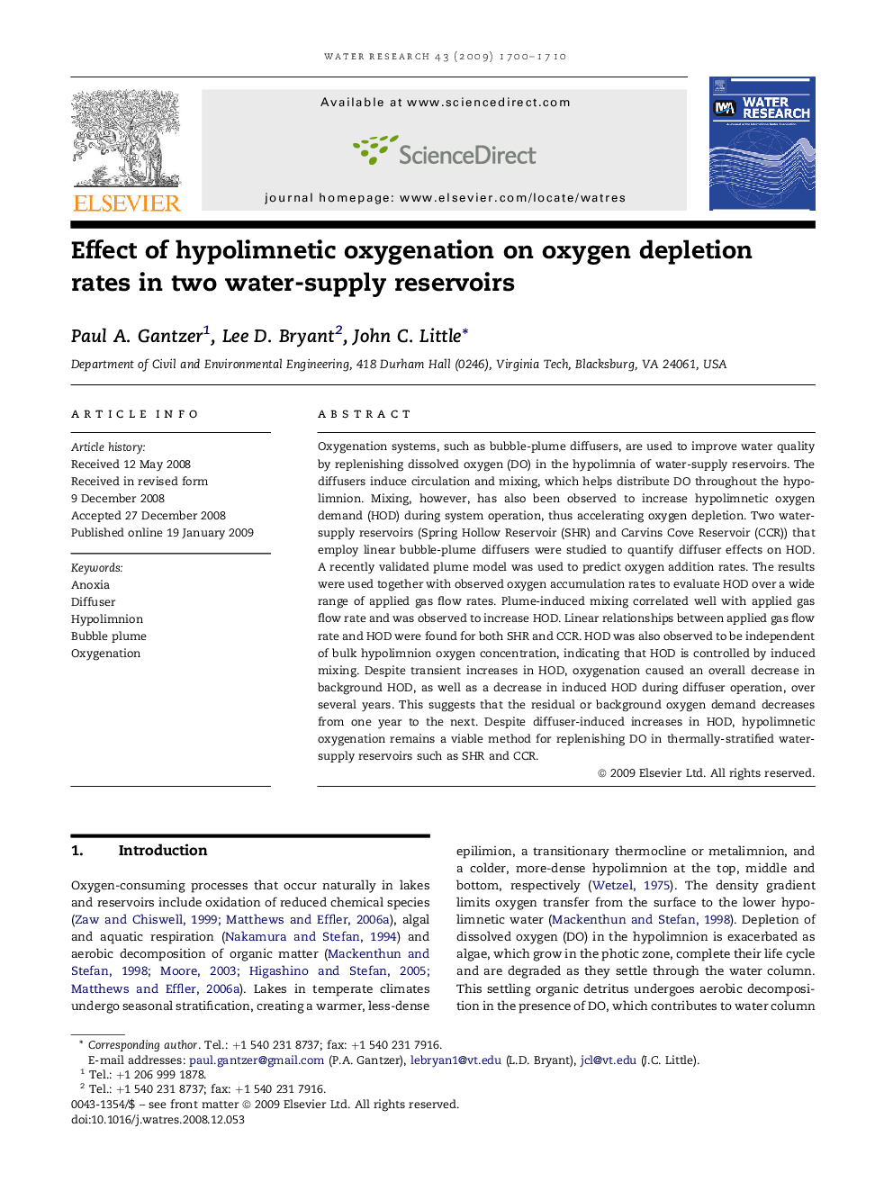 Effect of hypolimnetic oxygenation on oxygen depletion rates in two water-supply reservoirs