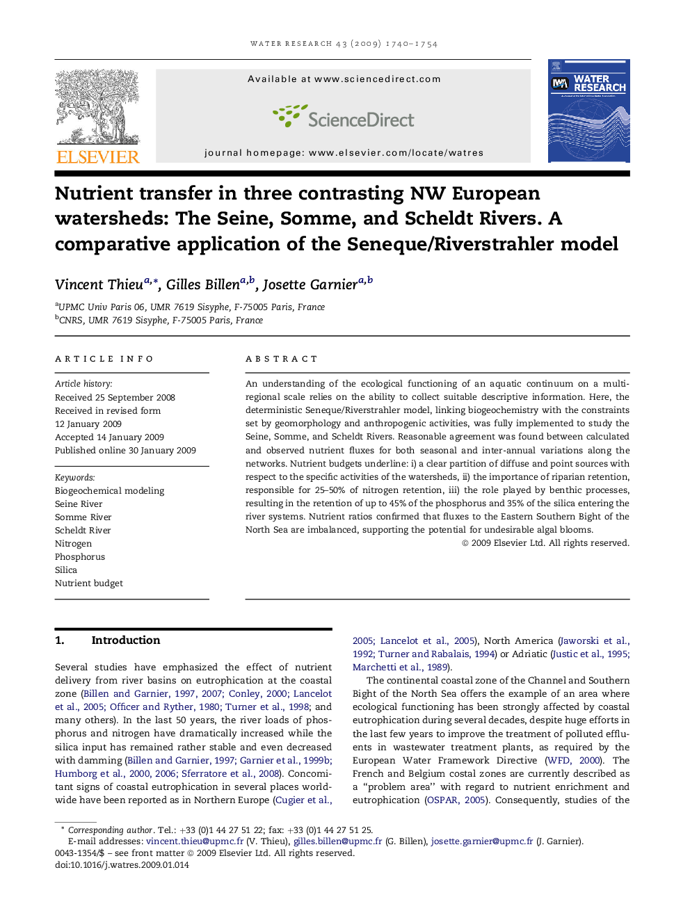 Nutrient transfer in three contrasting NW European watersheds: The Seine, Somme, and Scheldt Rivers. A comparative application of the Seneque/Riverstrahler model