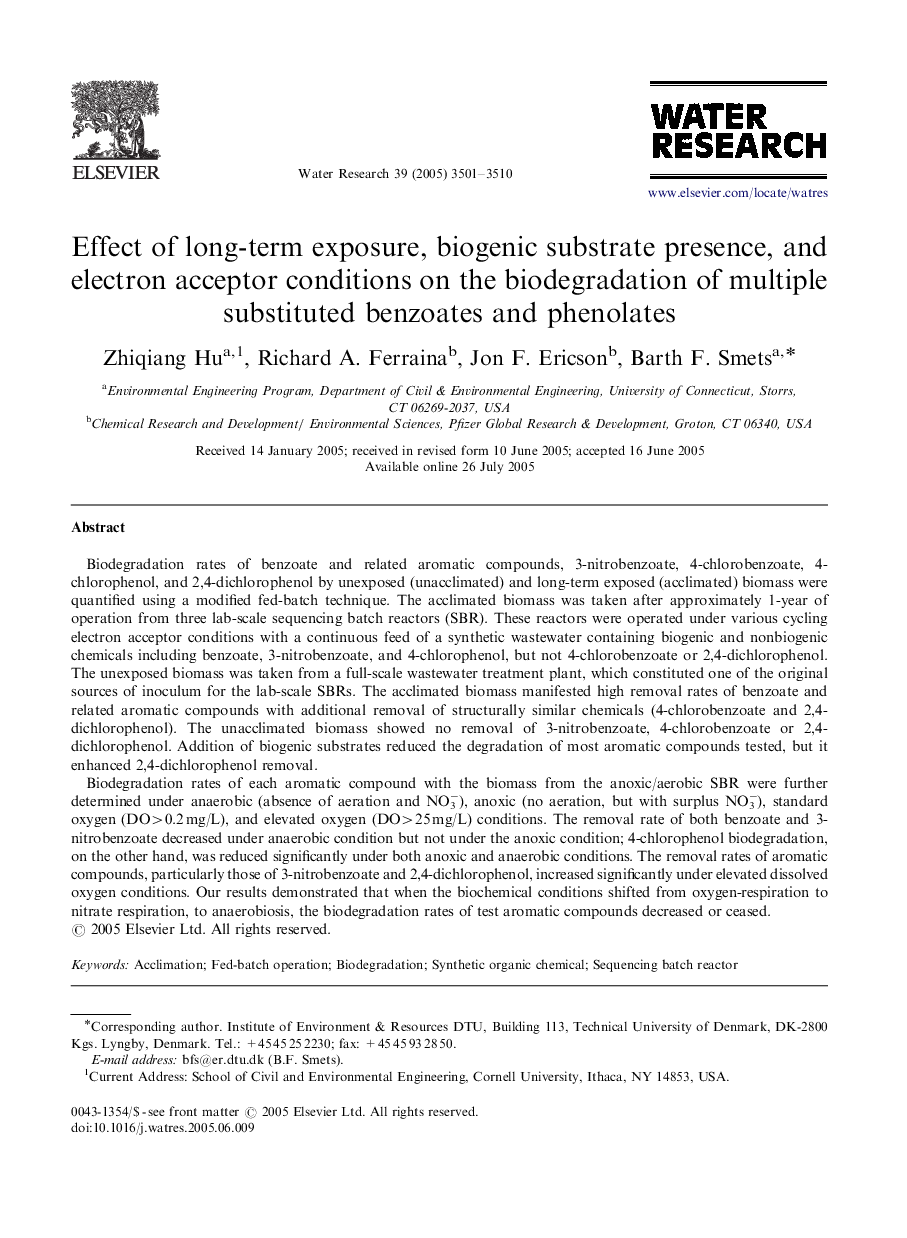 Effect of long-term exposure, biogenic substrate presence, and electron acceptor conditions on the biodegradation of multiple substituted benzoates and phenolates