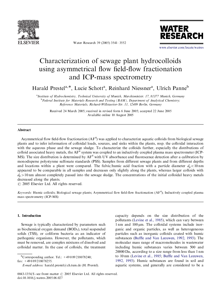 Characterization of sewage plant hydrocolloids using asymmetrical flow field-flow fractionation and ICP-mass spectrometry