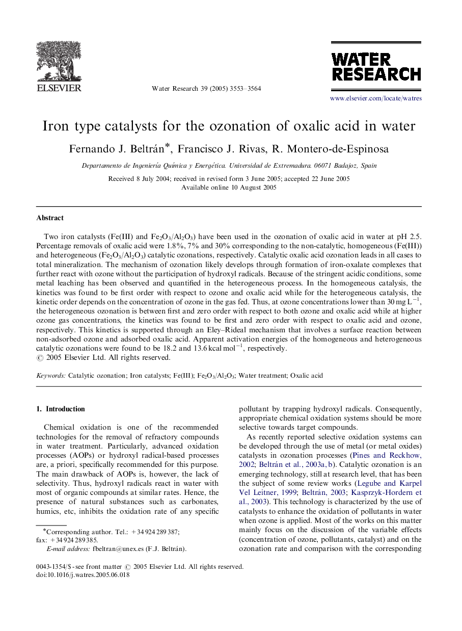 Iron type catalysts for the ozonation of oxalic acid in water