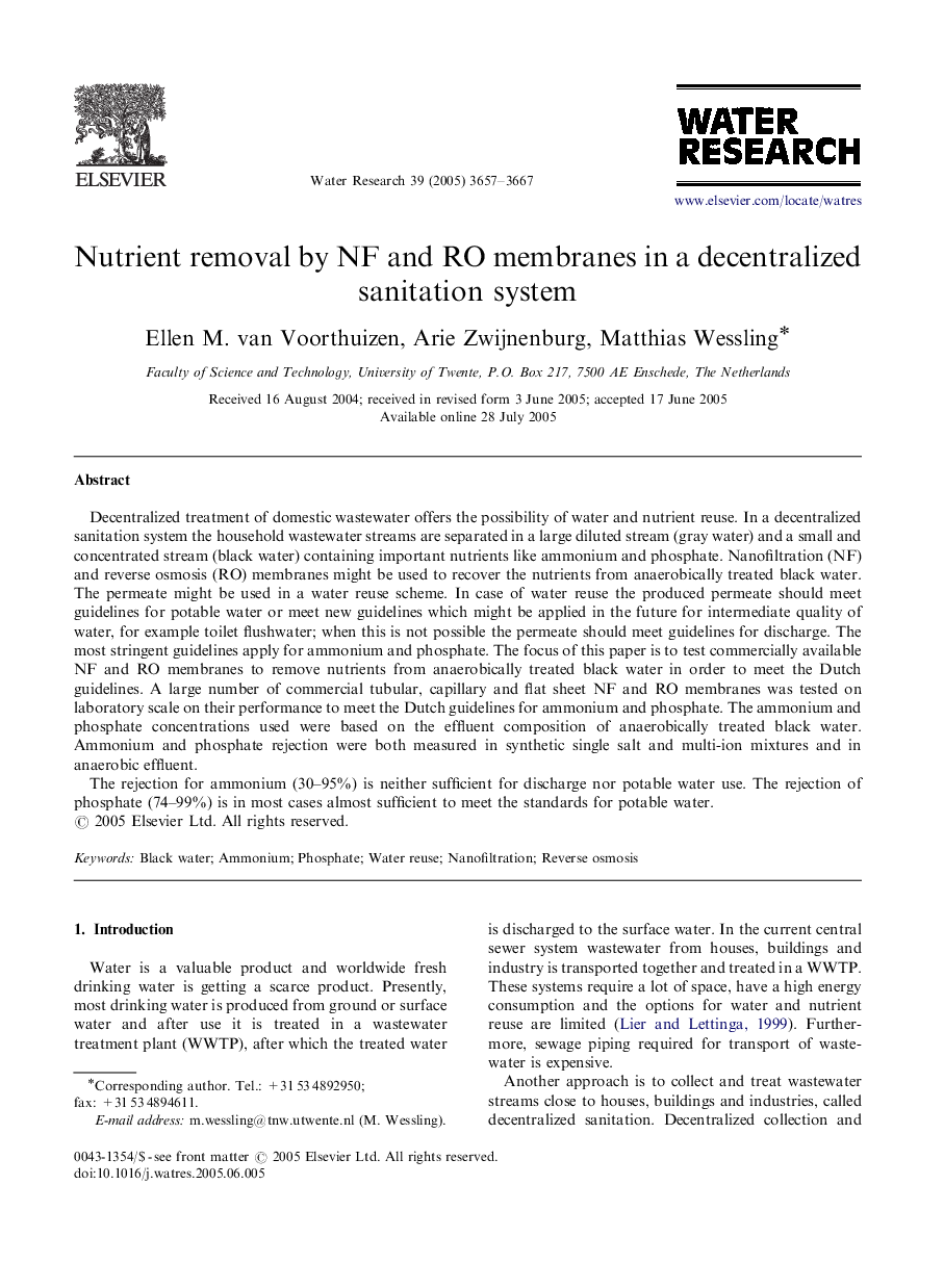 Nutrient removal by NF and RO membranes in a decentralized sanitation system