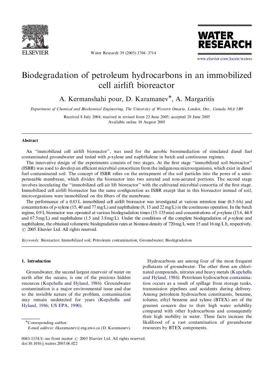 Biodegradation of petroleum hydrocarbons in an immobilized cell airlift bioreactor