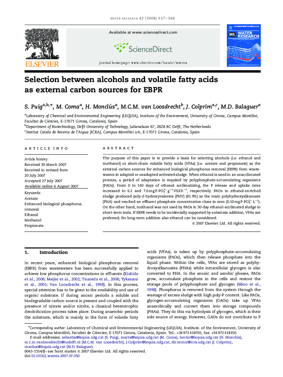 Selection between alcohols and volatile fatty acids as external carbon sources for EBPR