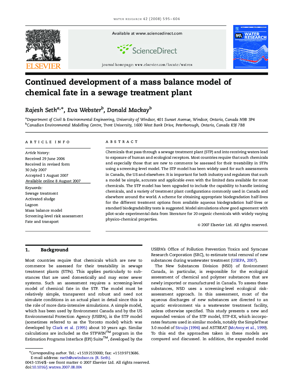 Continued development of a mass balance model of chemical fate in a sewage treatment plant