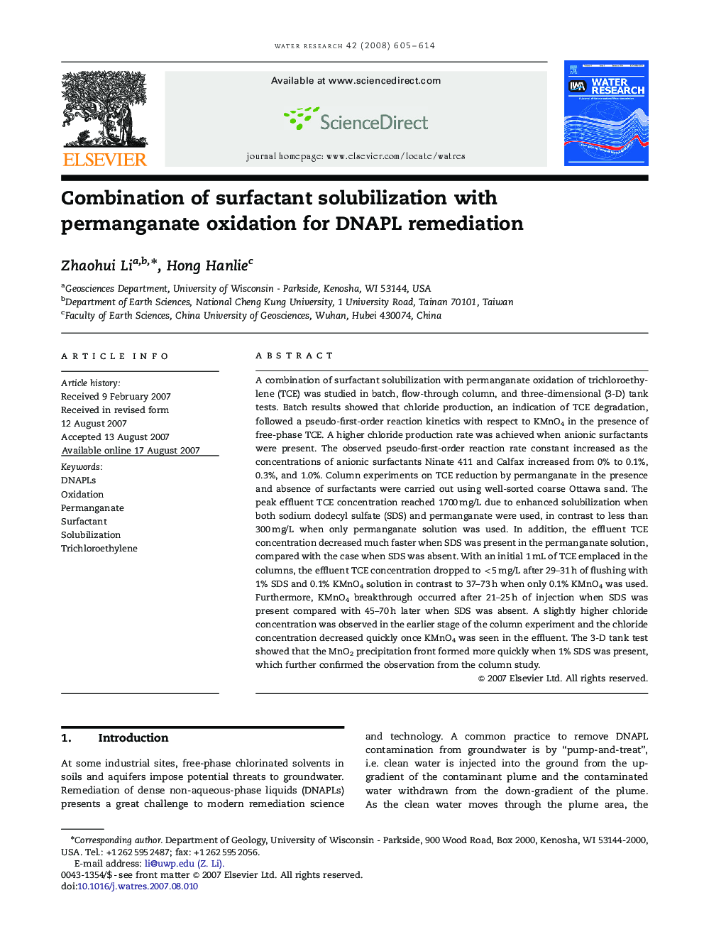 Combination of surfactant solubilization with permanganate oxidation for DNAPL remediation