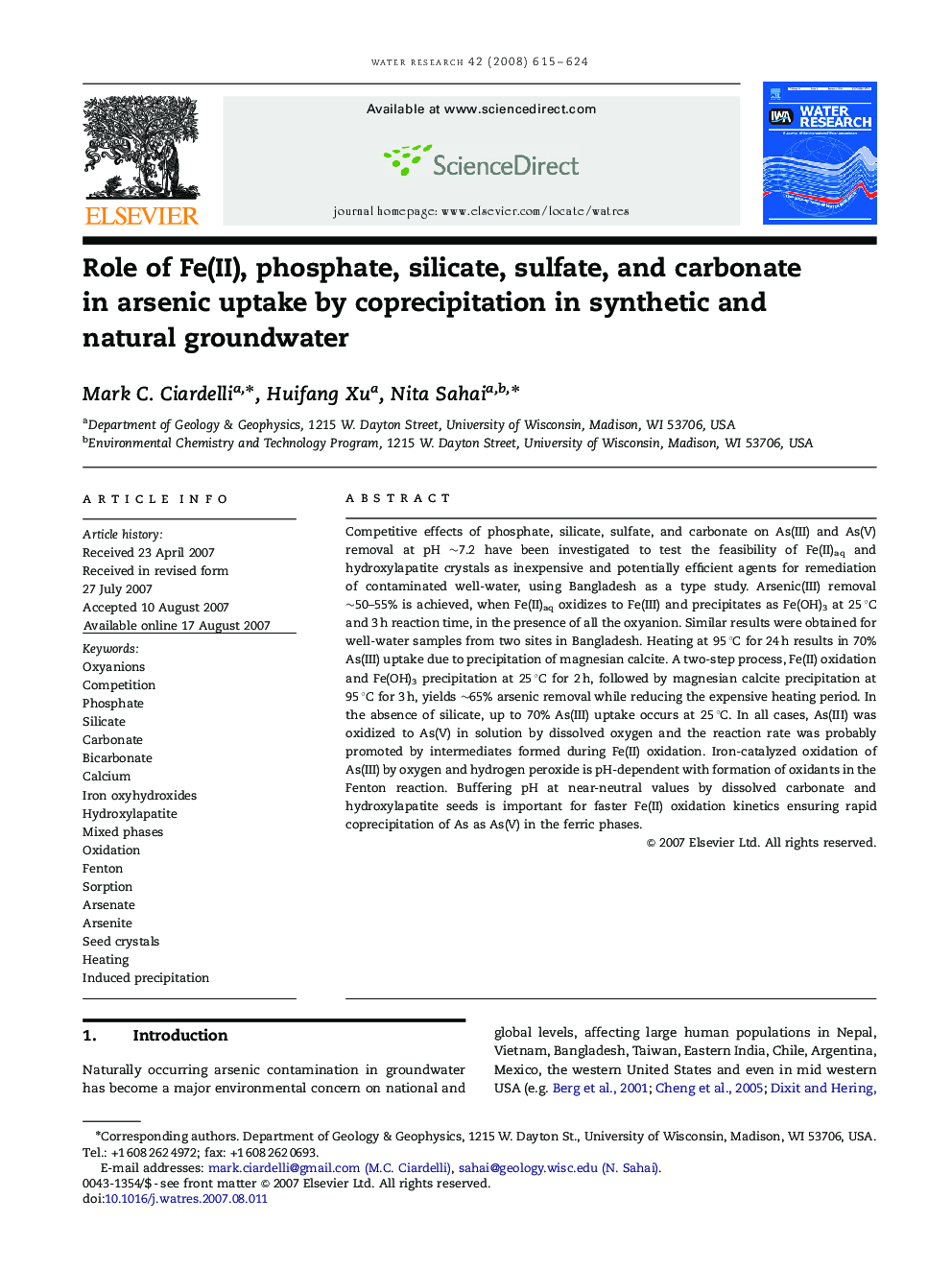 Role of Fe(II), phosphate, silicate, sulfate, and carbonate in arsenic uptake by coprecipitation in synthetic and natural groundwater
