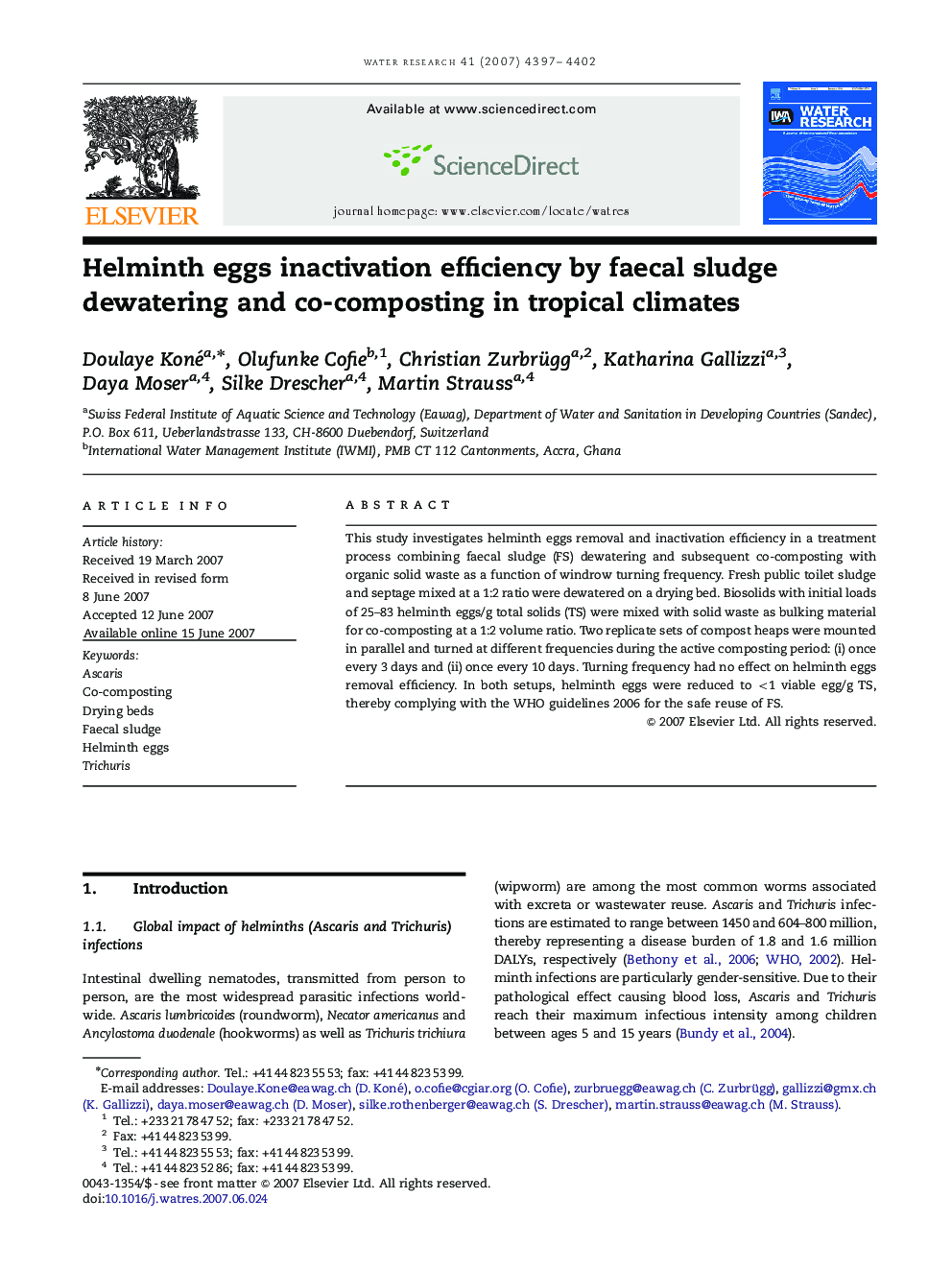 Helminth eggs inactivation efficiency by faecal sludge dewatering and co-composting in tropical climates