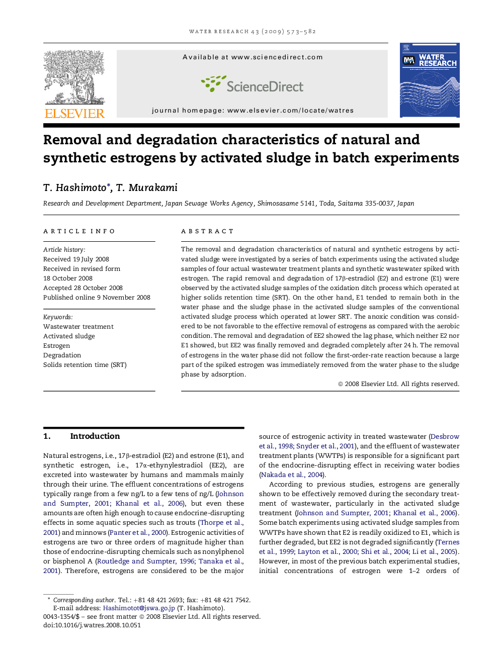 Removal and degradation characteristics of natural and synthetic estrogens by activated sludge in batch experiments