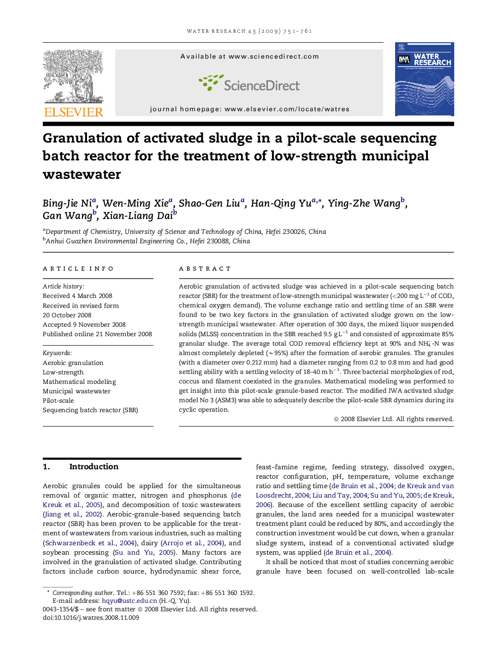 Granulation of activated sludge in a pilot-scale sequencing batch reactor for the treatment of low-strength municipal wastewater