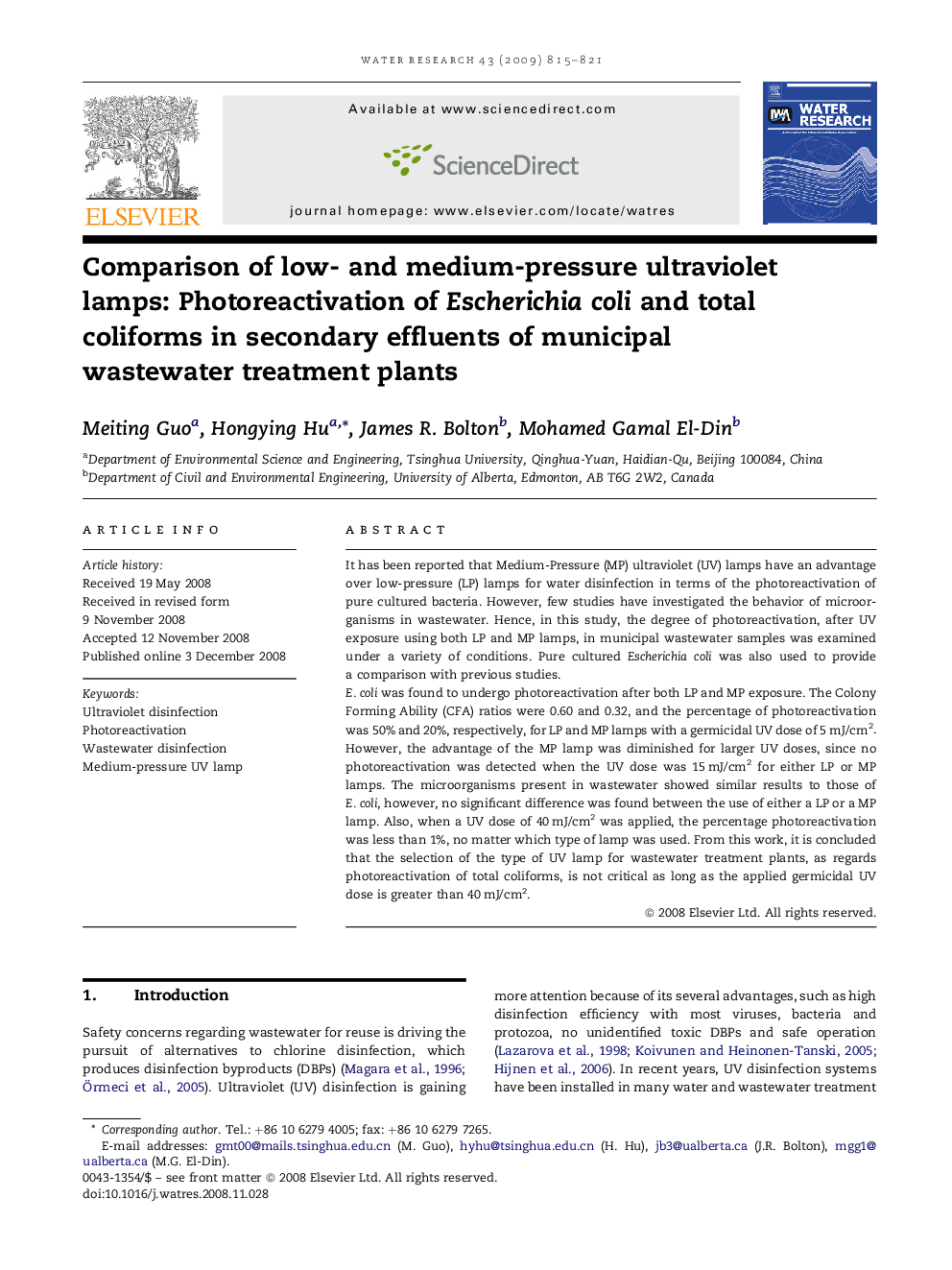 Comparison of low- and medium-pressure ultraviolet lamps: Photoreactivation of Escherichia coli and total coliforms in secondary effluents of municipal wastewater treatment plants