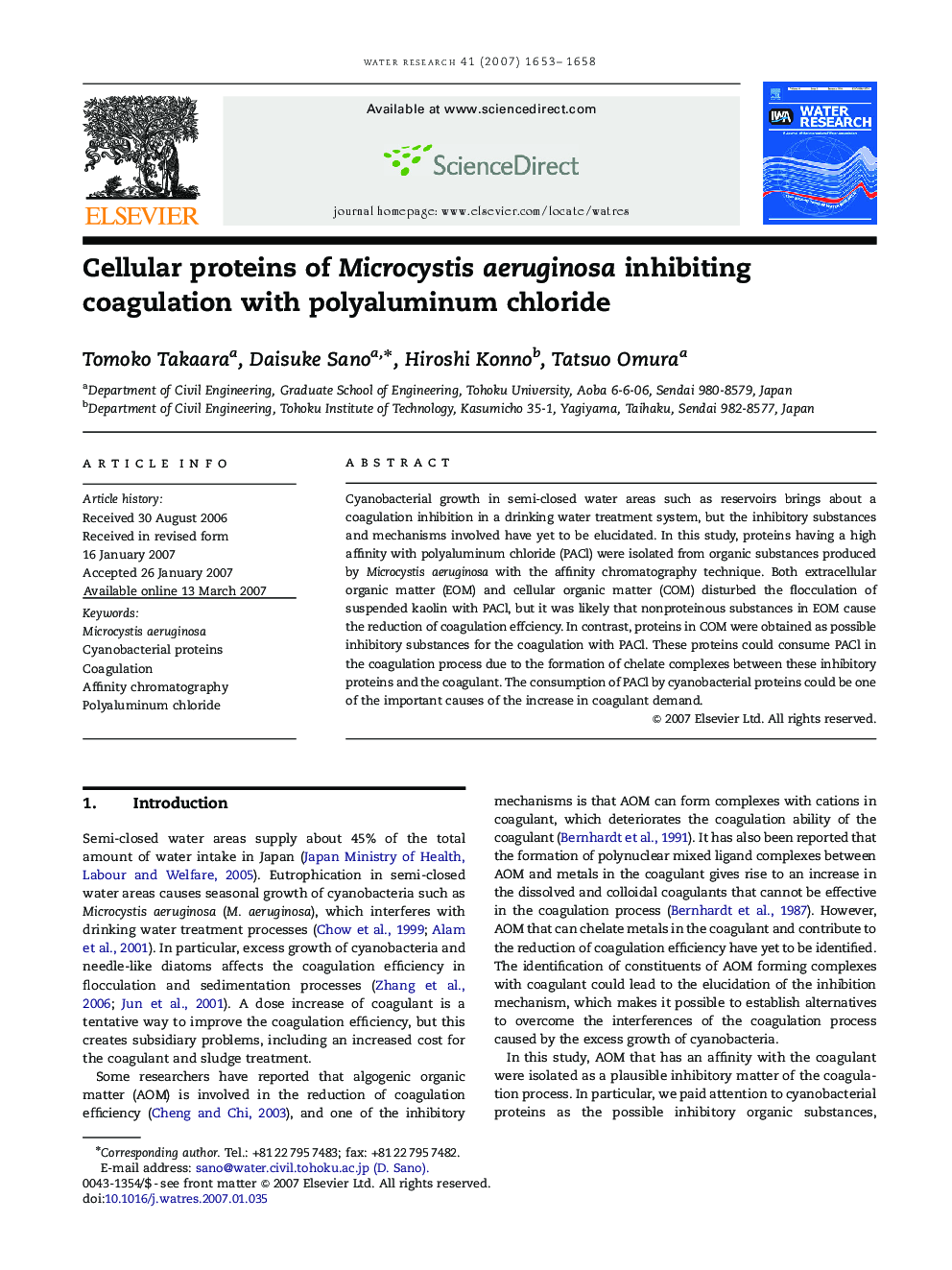 Cellular proteins of Microcystis aeruginosa inhibiting coagulation with polyaluminum chloride