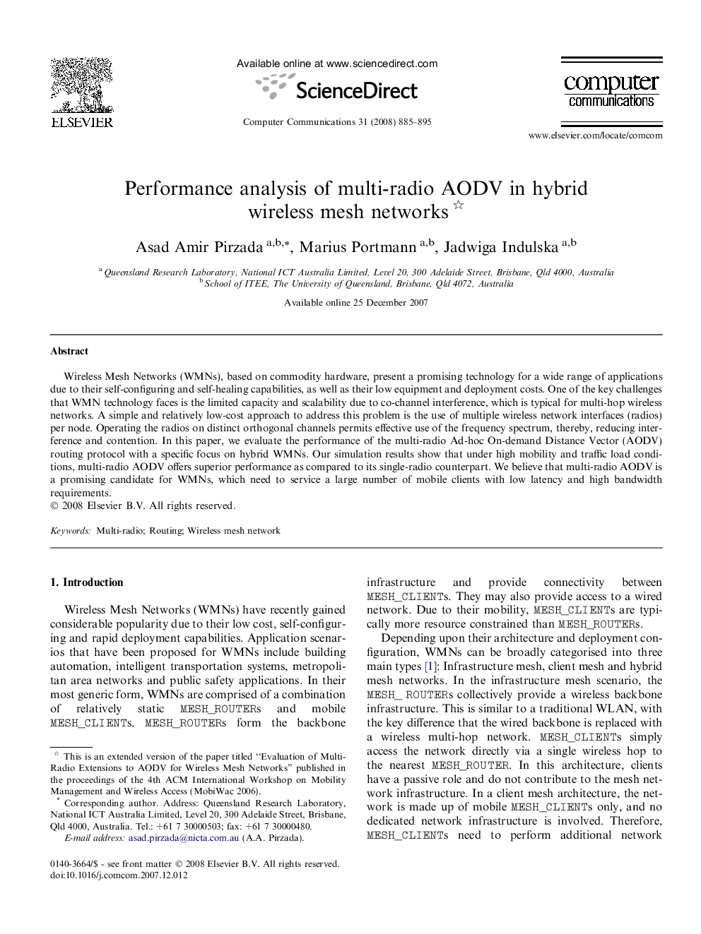 Performance analysis of multi-radio AODV in hybrid wireless mesh networks 