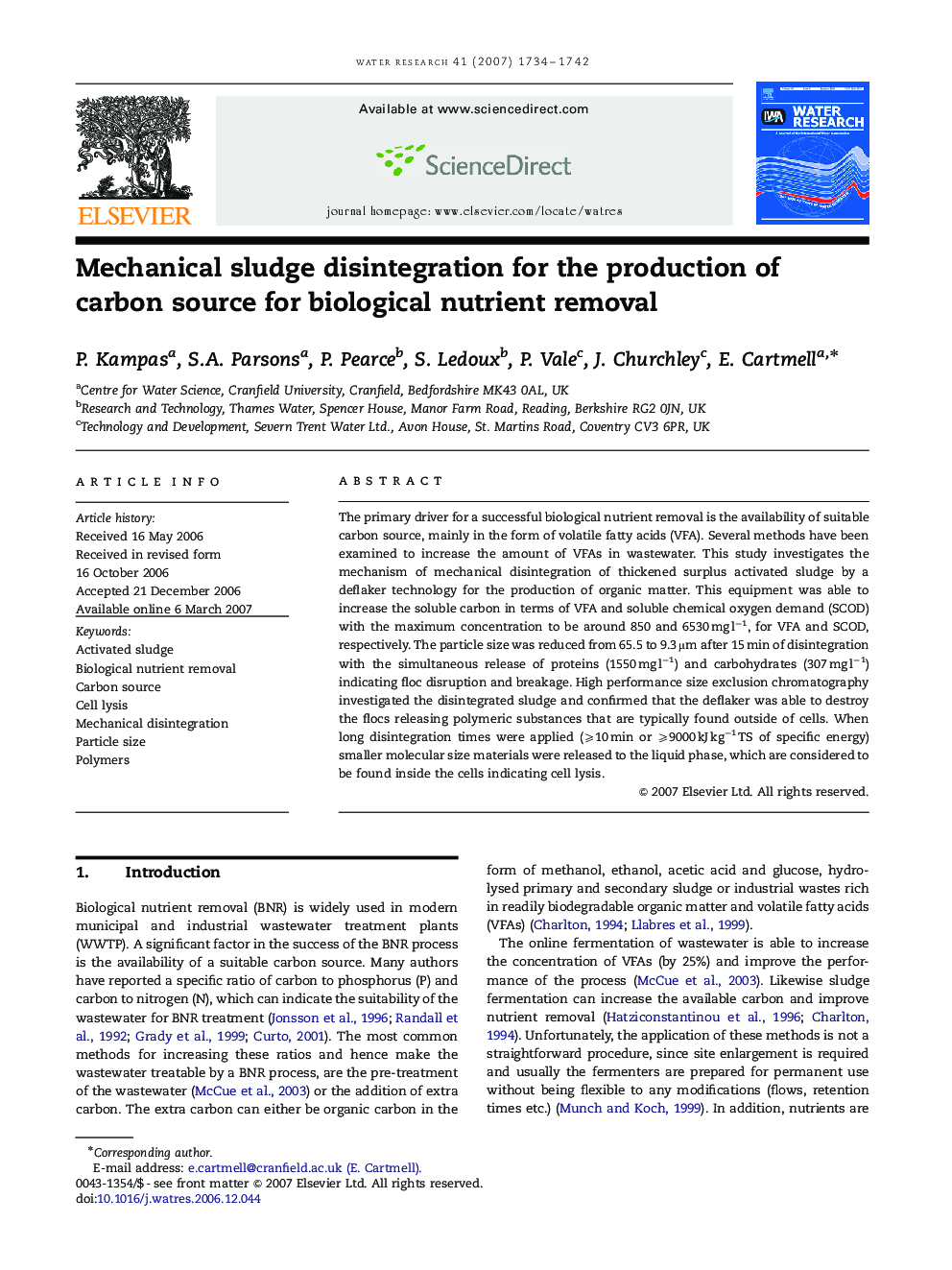 Mechanical sludge disintegration for the production of carbon source for biological nutrient removal