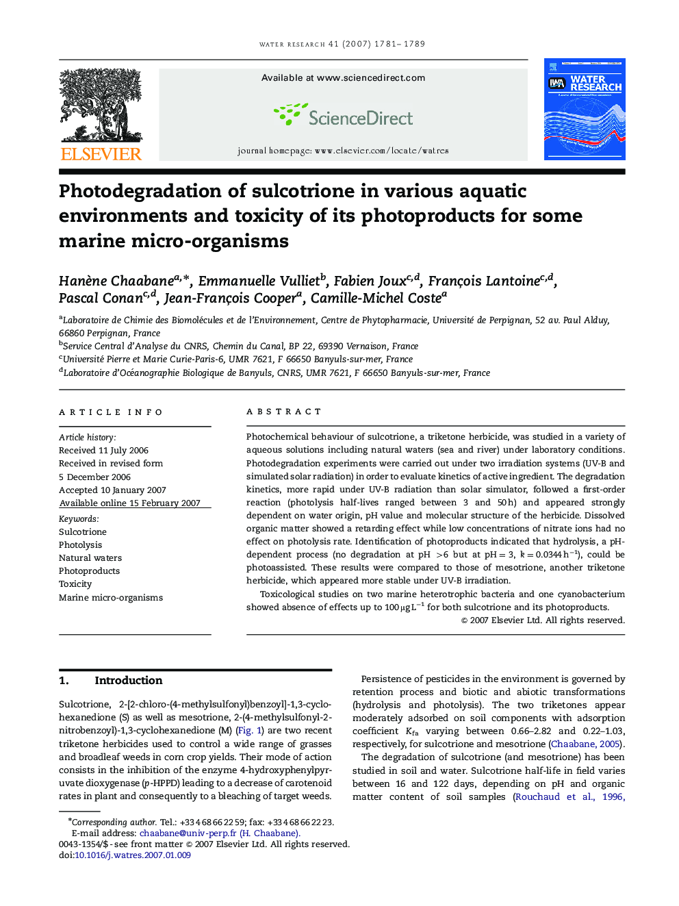 Photodegradation of sulcotrione in various aquatic environments and toxicity of its photoproducts for some marine micro-organisms