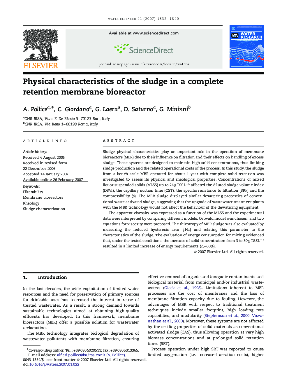 Physical characteristics of the sludge in a complete retention membrane bioreactor