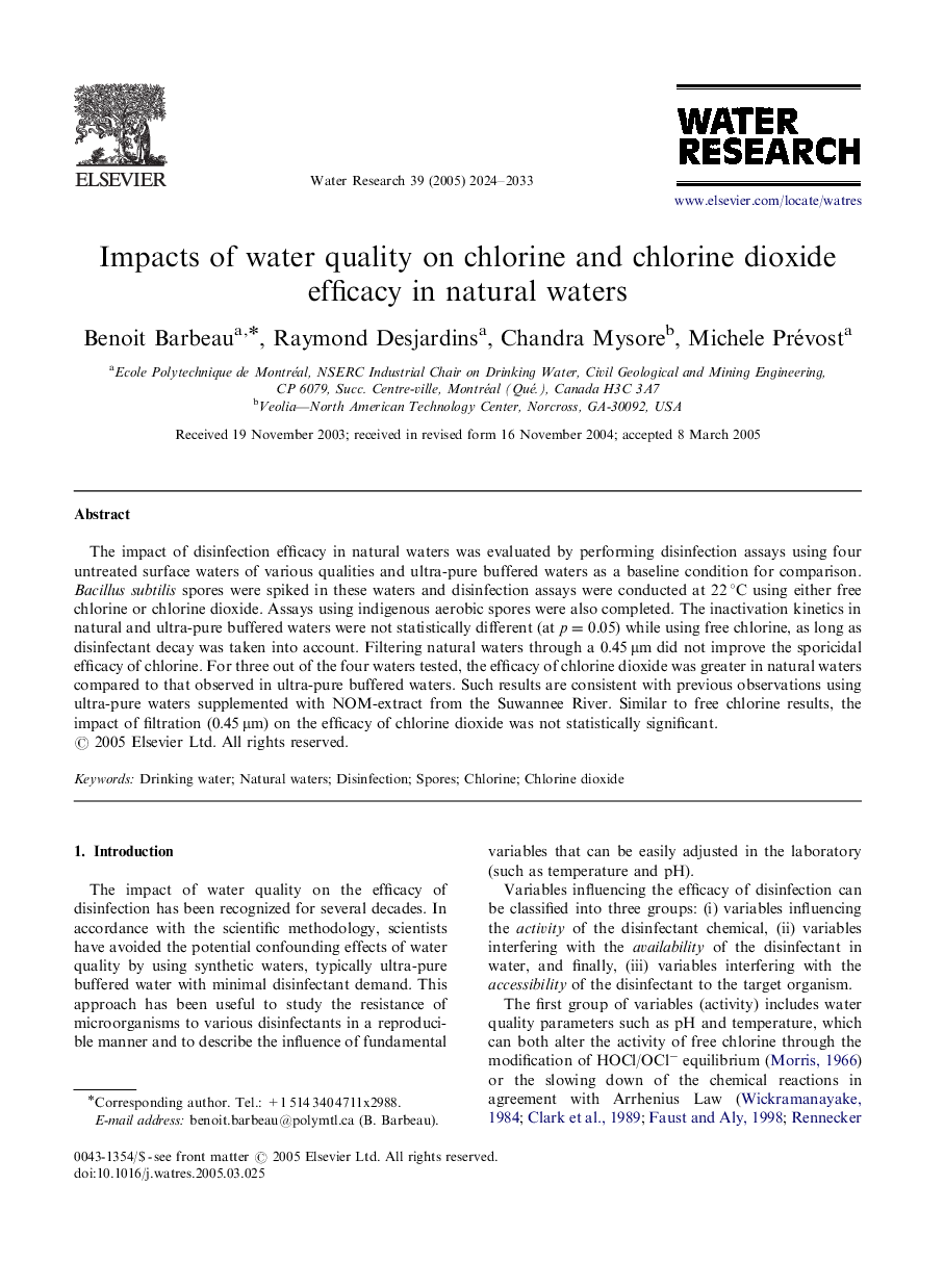 Impacts of water quality on chlorine and chlorine dioxide efficacy in natural waters