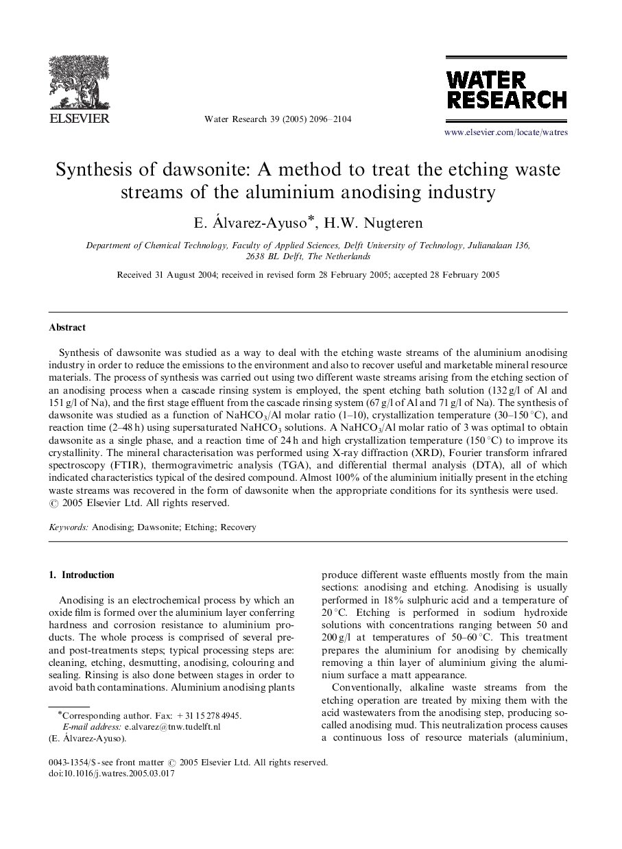 Synthesis of dawsonite: A method to treat the etching waste streams of the aluminium anodising industry